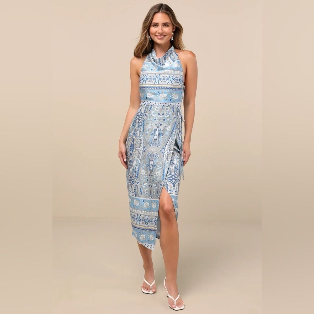 Lulus Radina Blue Paisley Print Satin Halter Midi Wrap Dress In Size M